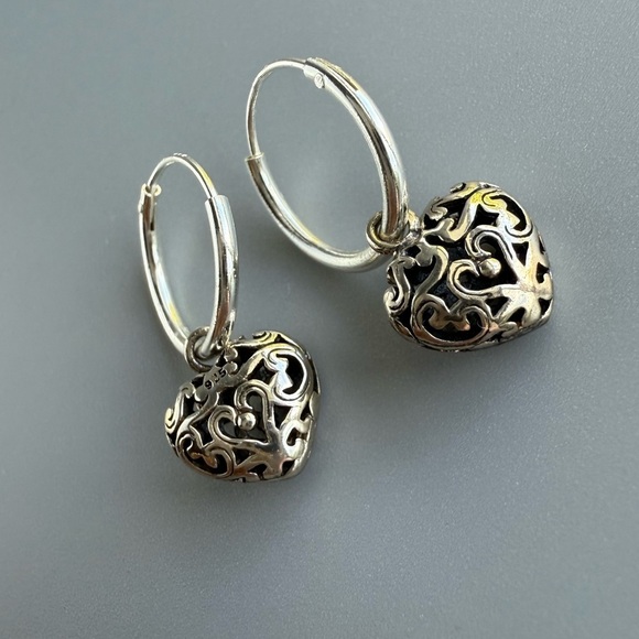 Sterling Silver Filigree Hoop Heart Earrings - Picture 3 of 7